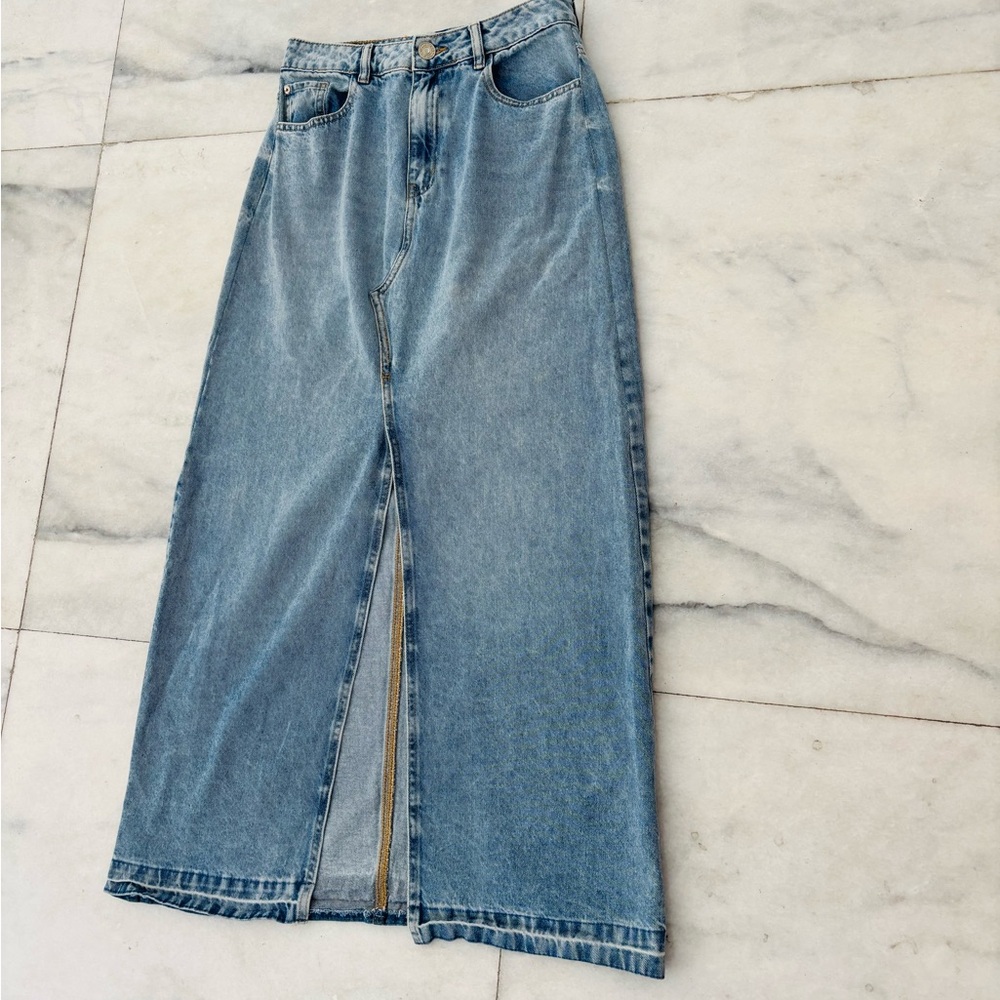 VTG Rifle Denim Maxi Skirt Light Wash Front Slit Womens 10 Boho Hippie Grunge - Picture 4 of 9